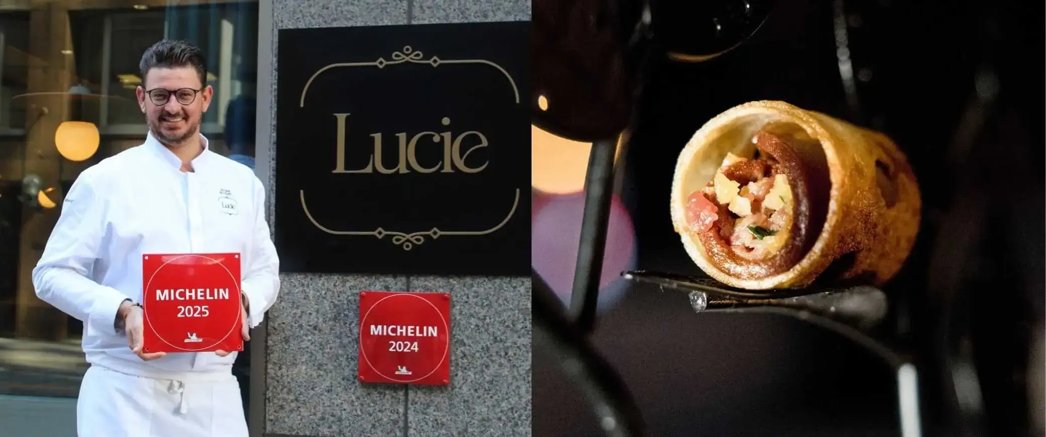 Executive Chef Arnaud Bloquel holding Michelin 2025 recognition outside Restaurant Lucie